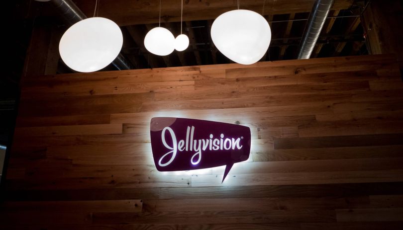 The Jellyvision office with the company's logo lit up