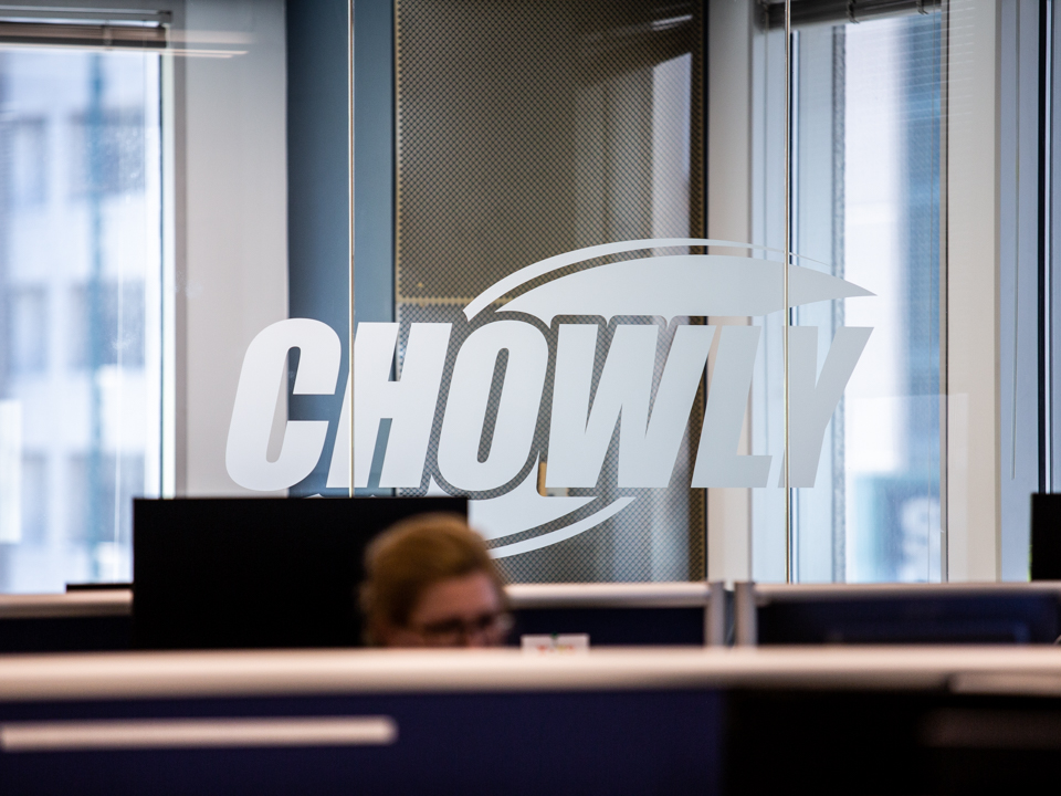 Chowly logo on door of office