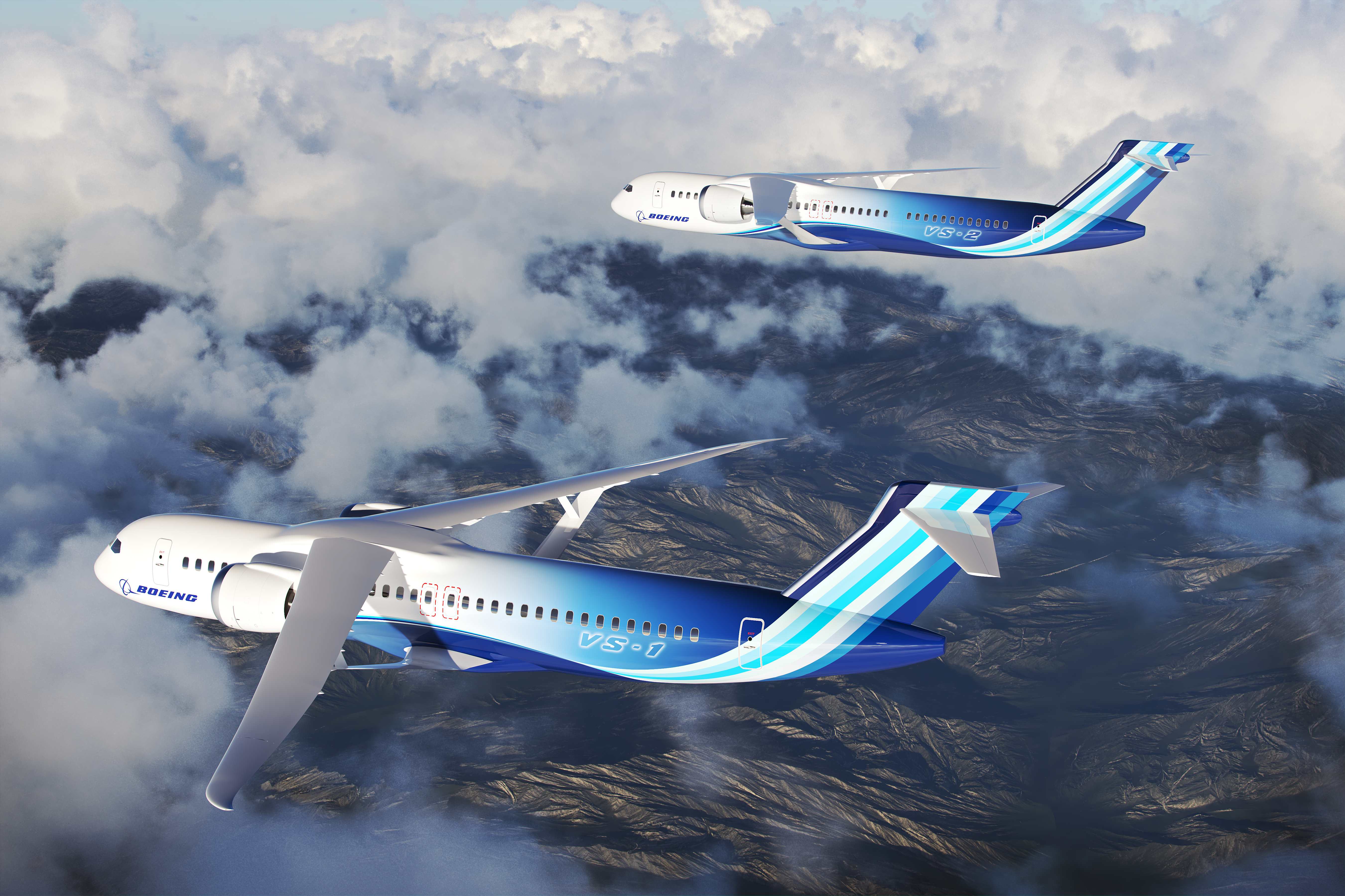 An artistic concept of the Boeing Transonic Truss-Braced Wing aircraft flying in the sky.