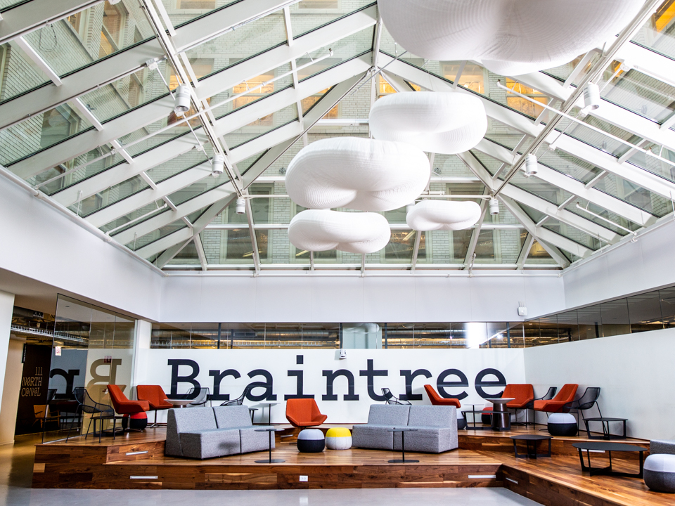 Braintree's open seating area beneath glass ceiling