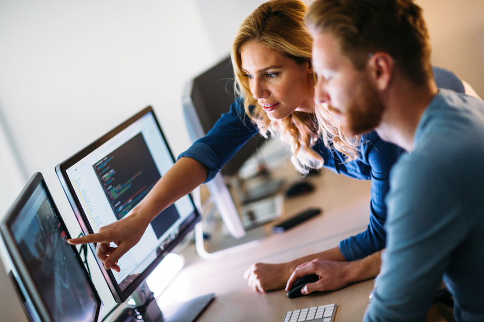 Two professionals working at a computer