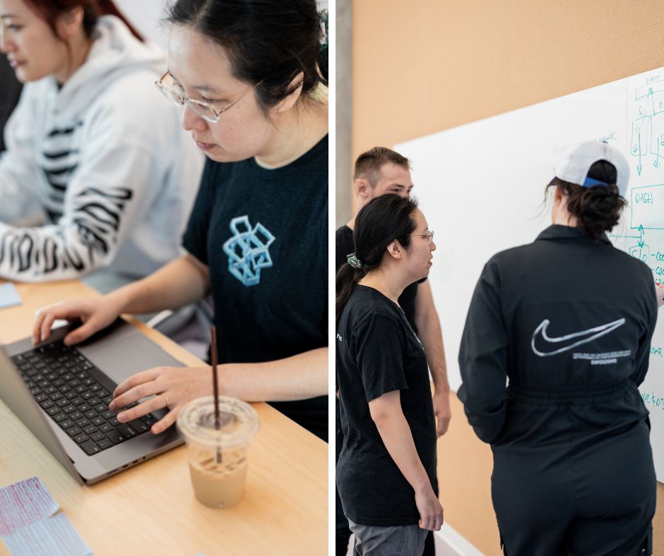 Two images of Win Suen working with teammates, one on her laptop and another near a whiteboard.