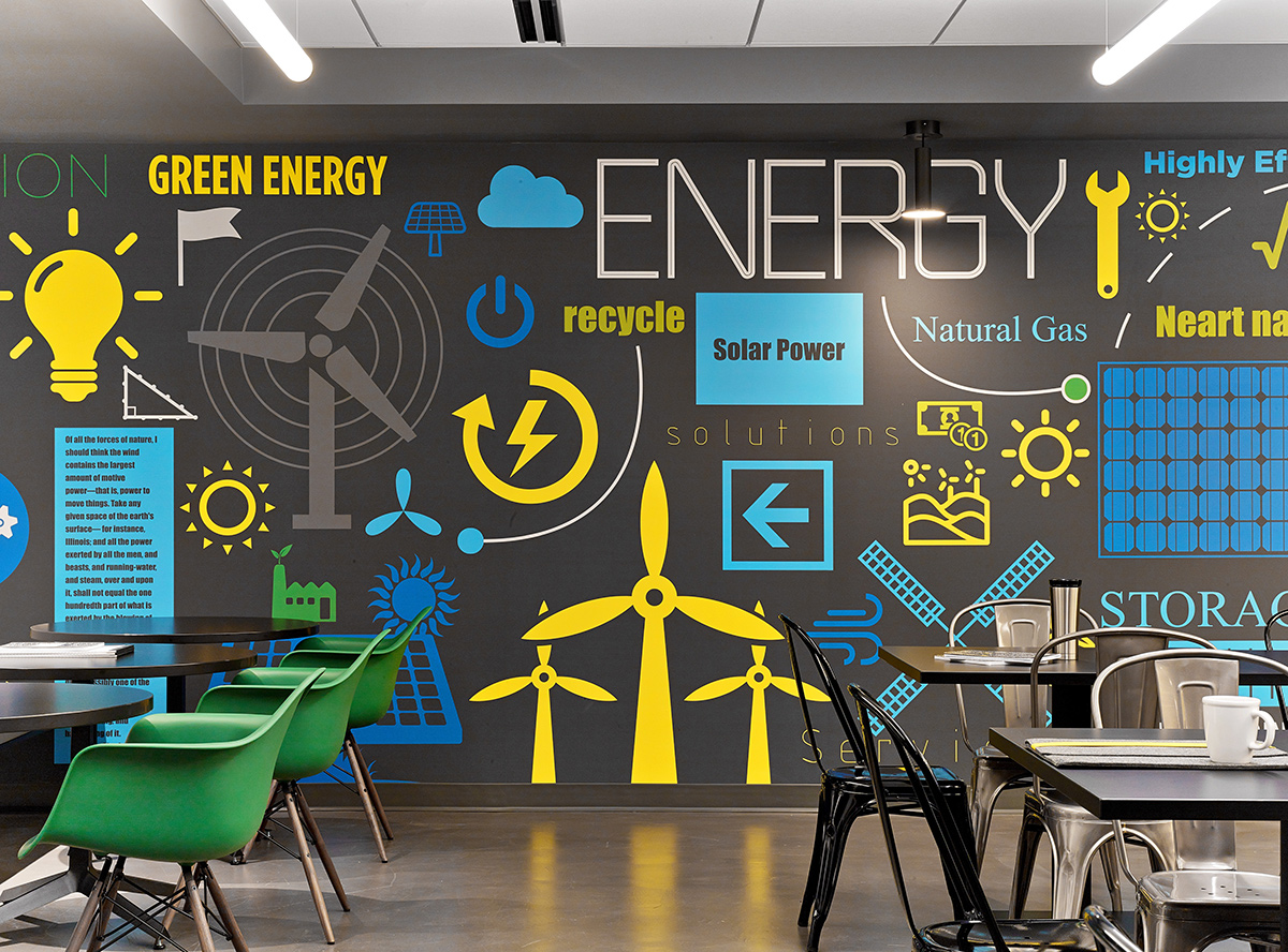 Green Energy mural on the wall in the Invenergy office