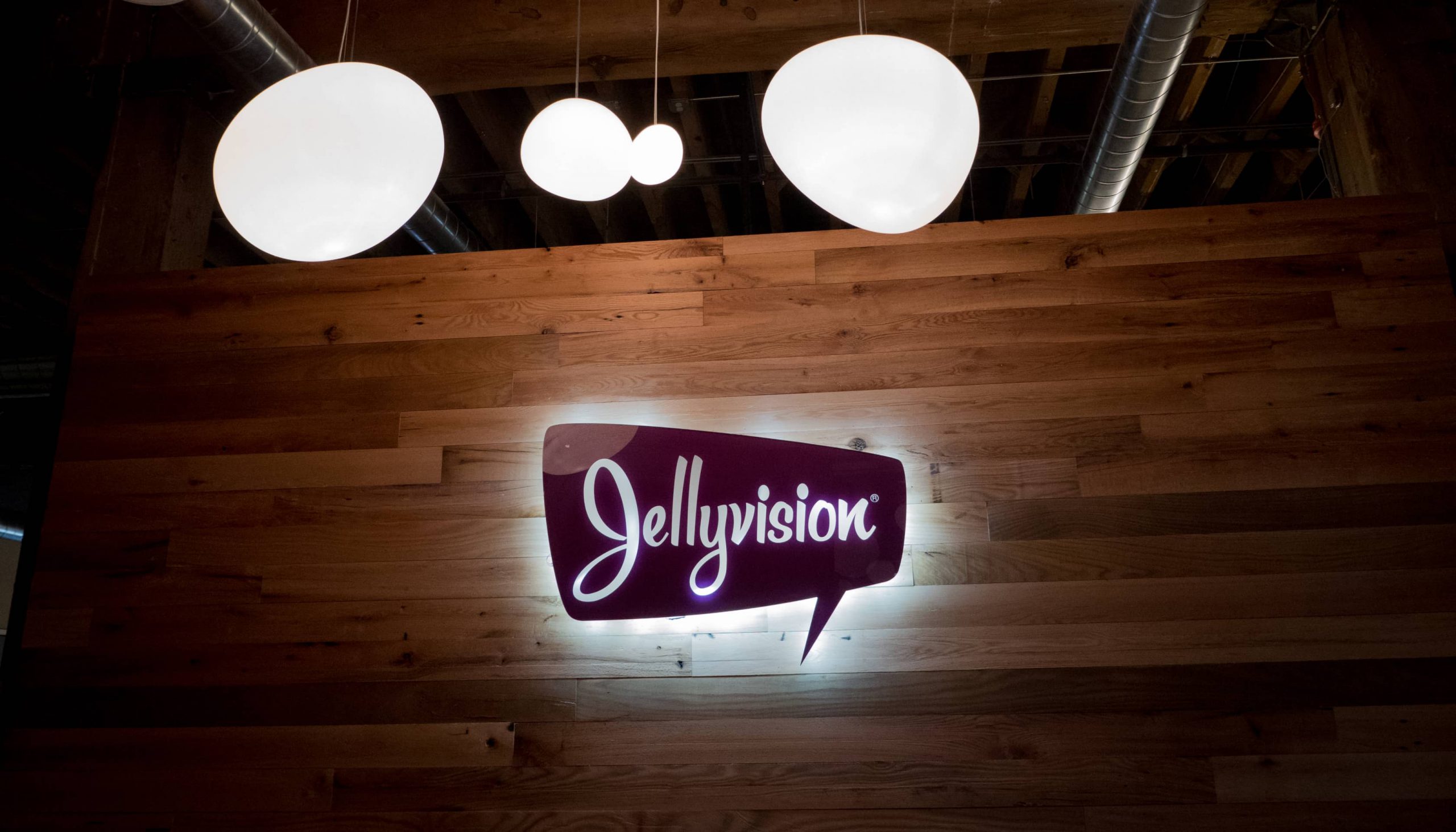 The Jellyvision office with the company's logo lit up