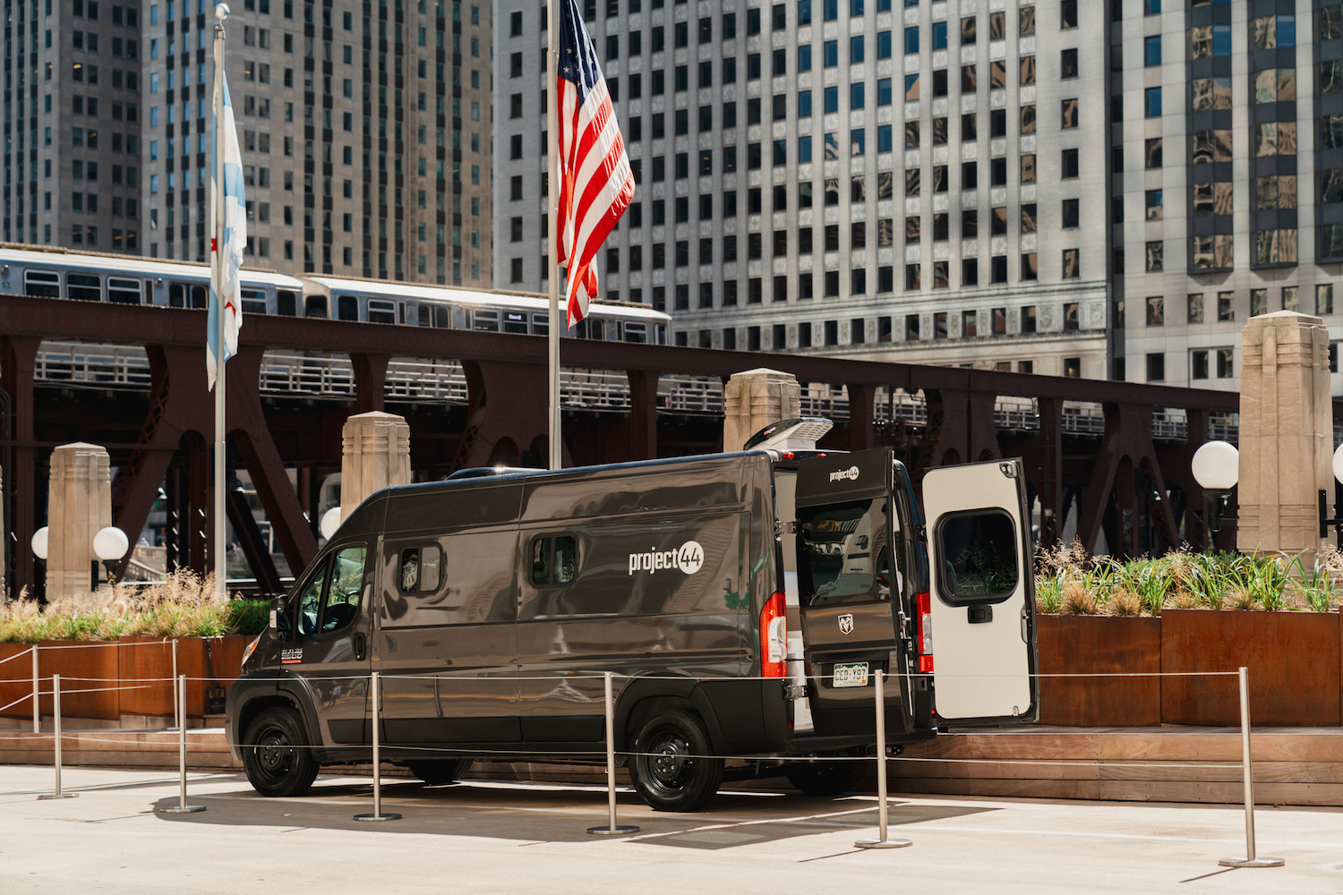 One of project44’s vans is pictured in front of Merchandise Mart in Chicago.