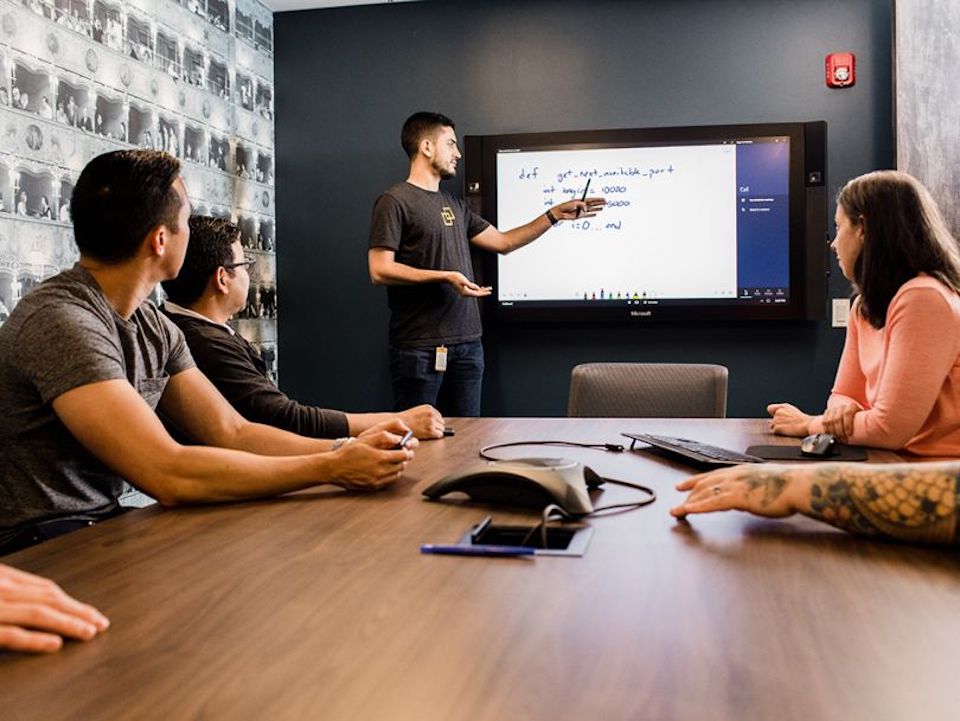 Relativity team members in conference room working