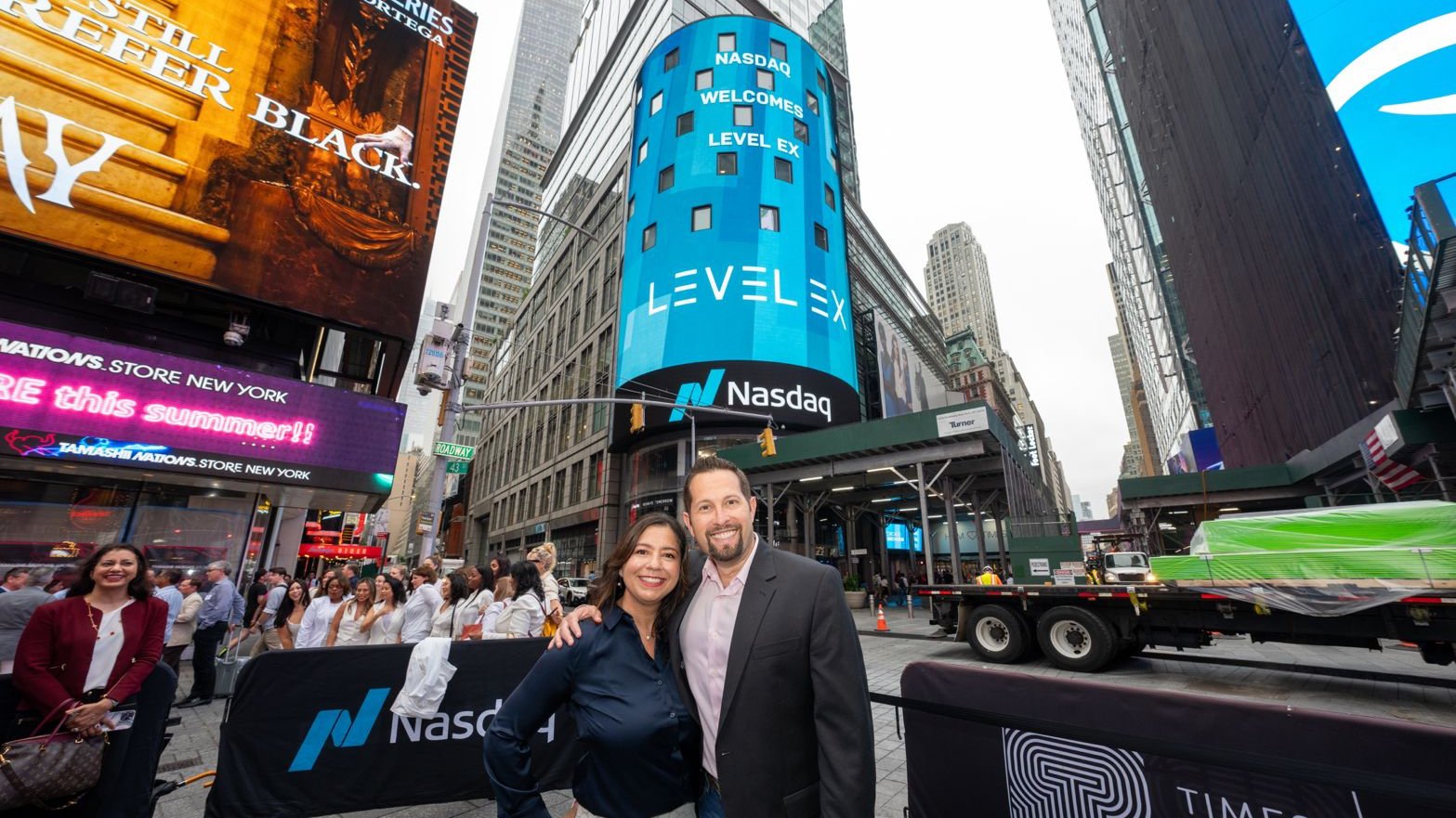  Level Ex’ Sam Glassenberg and Sandra Smith after an event on the floor of the Nasdaq.