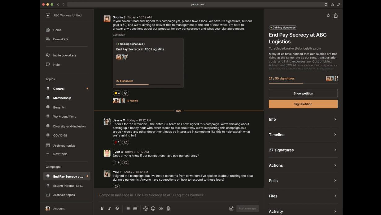 screenshot of the Frank platform