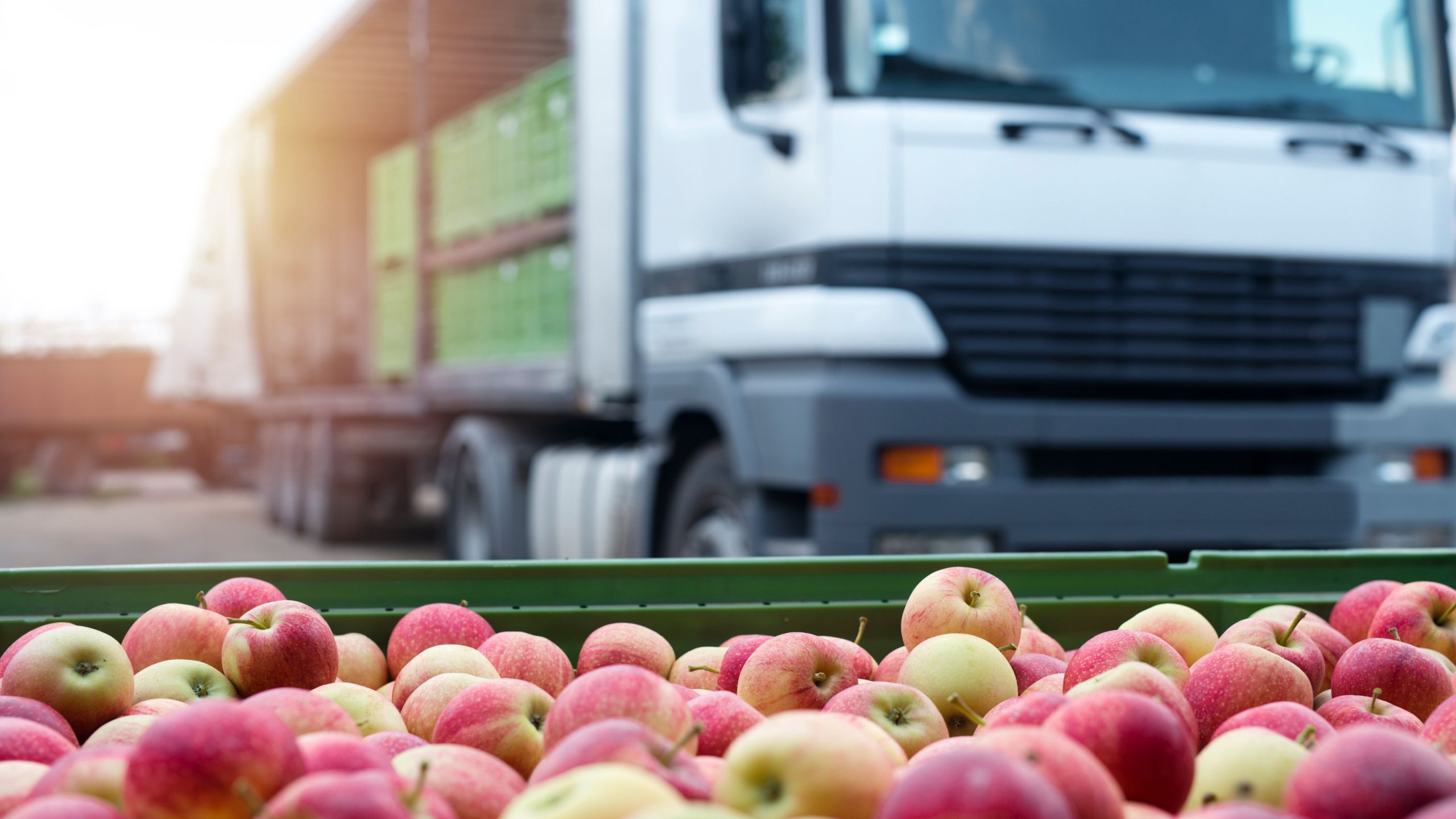 A truck transports fruit. 