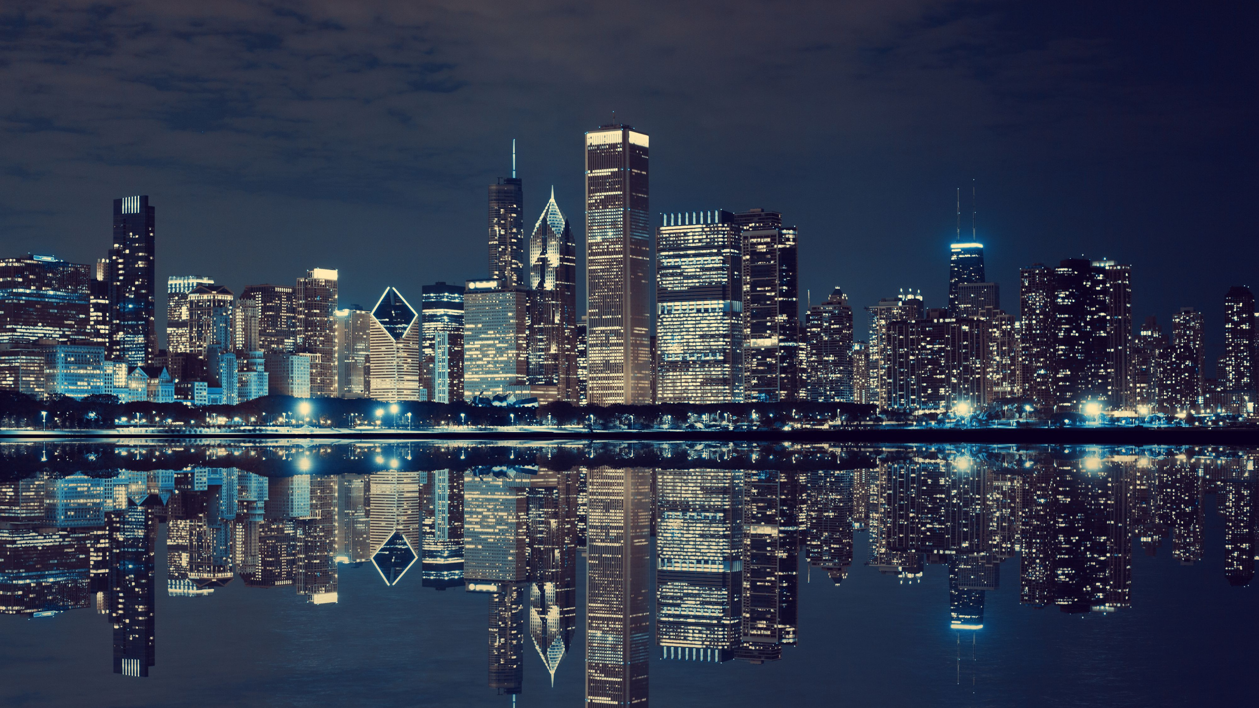 The Chicago skyline at night. 