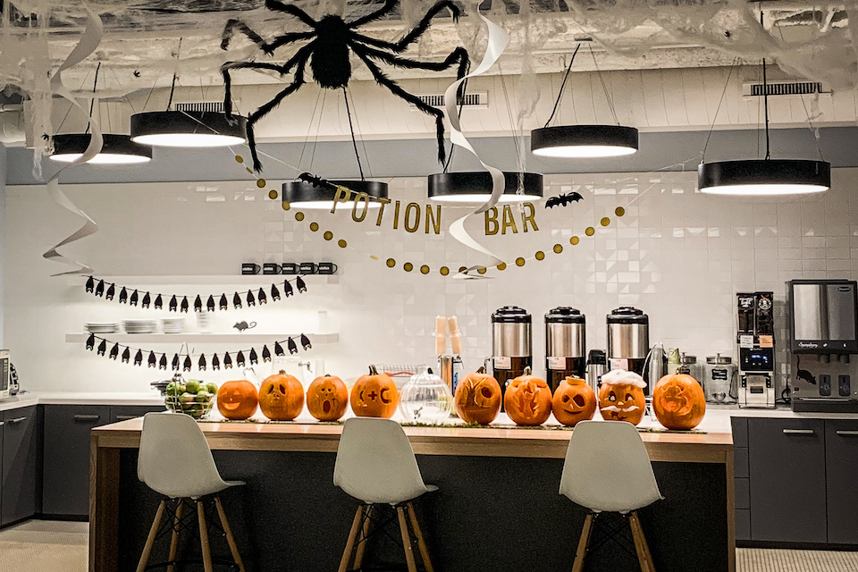 Halloween decorations in Solstice office kitchen