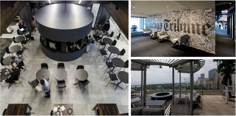 Collage of three images of Tribune Publishing's office