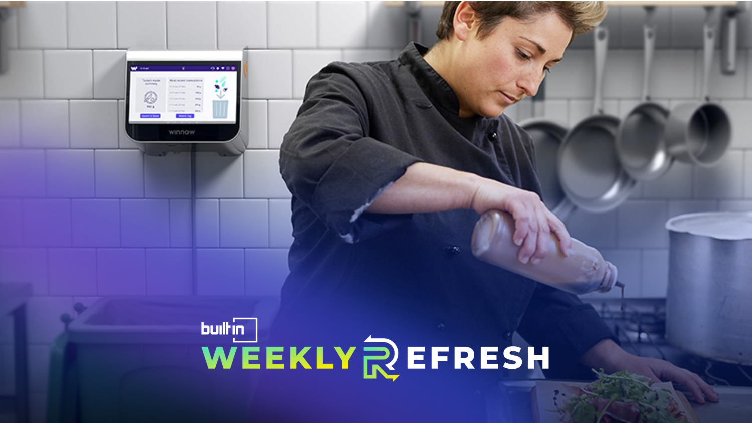 A chef pours dressing onto green leafy vegetables.