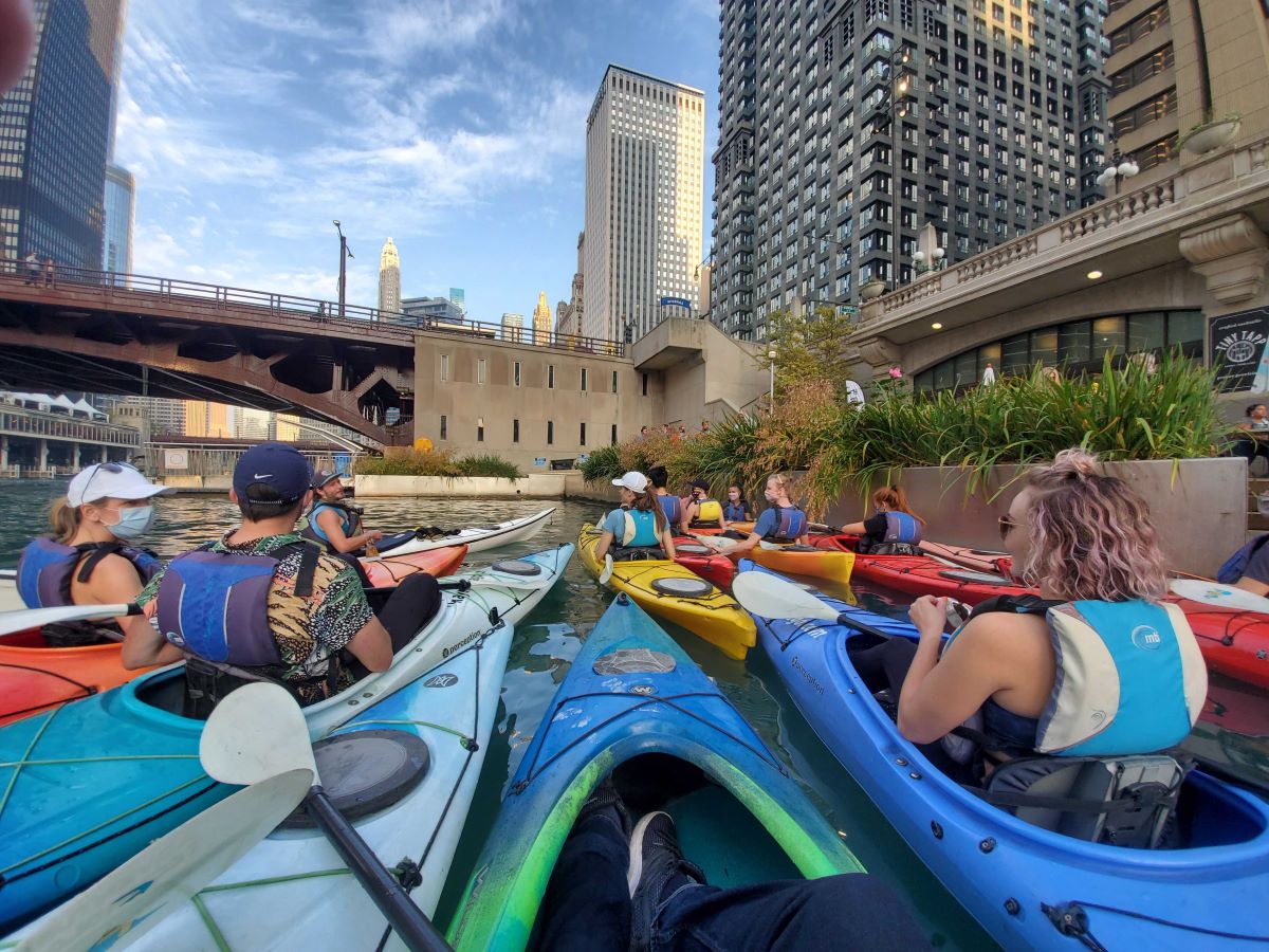 The Screencastify team kayaking on the Chicago River