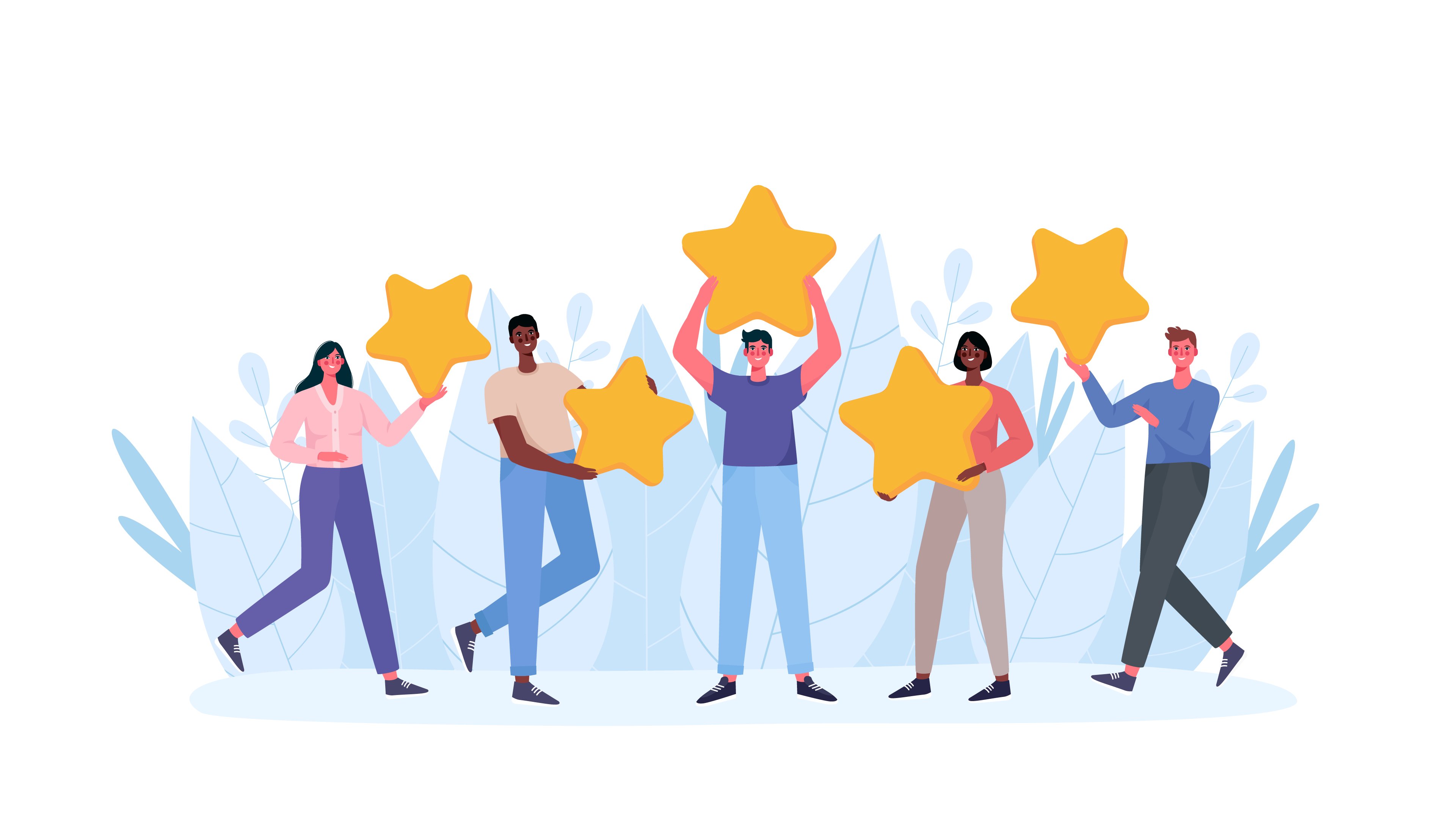 Illustration of happy customers holding up stars