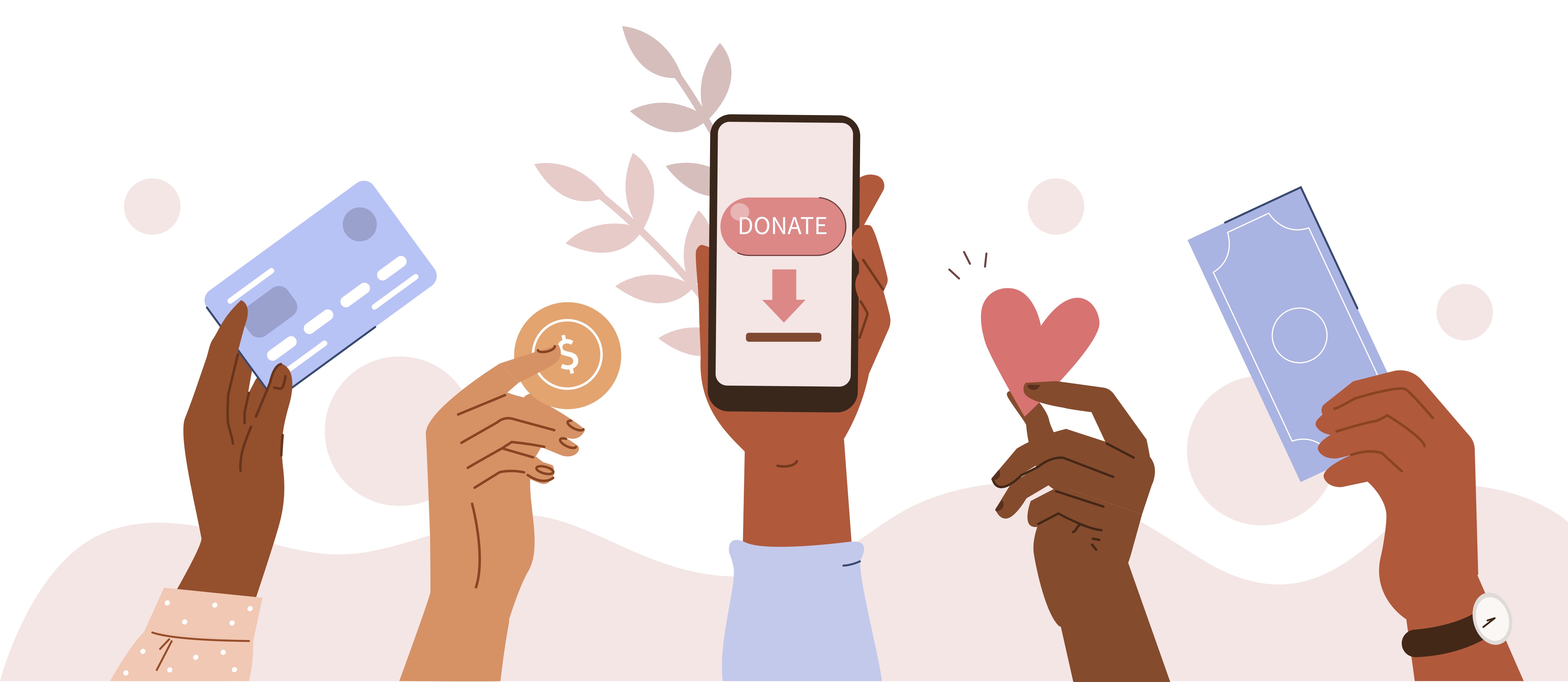 Four hands hold up various forms of currency around a smartphone that shows the word “donate”