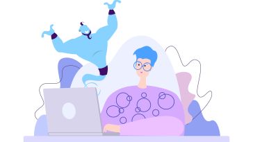 Illustration of a freelance employee working as a genie appearing from their laptop