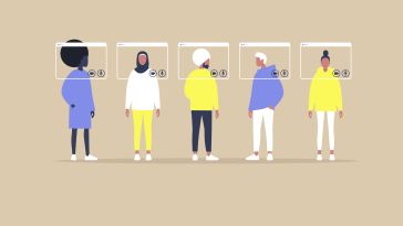 Five people in front of screens. Several are wearing turbans or hijabs.