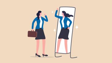 Illustration of a woman holding a briefcase looking into a mirror and her reflection is giving her a high five