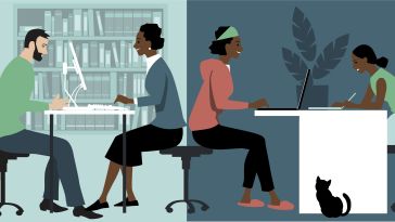 Illustration showing a man and woman working in an office on the left compared to two women working remotely at home