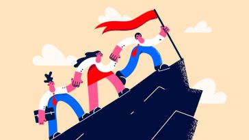 Illustration of team members climbing a mountain and putting a flag at the top