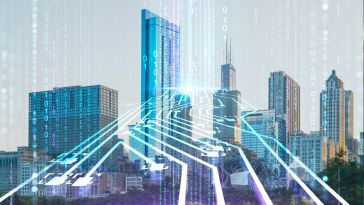 Double exposure of the Chicago skyline with machine learning circuit board