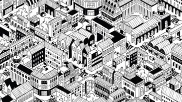 Illustration of urban city blocks in a seamless pattern