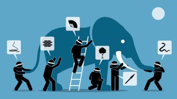 Illustration of six blindfolded people touching an elephant each with different perceptions