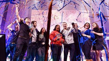43North startup competition winners celebrate with confetti on stage