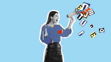 A collage image of a woman against a blue background yelling into a microphone with a jumble of magazine letters spilling out. 