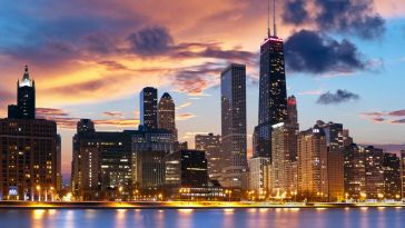 The Chicago skyline during sunset