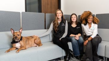 three mastery logistics employees sitting on couch with dog