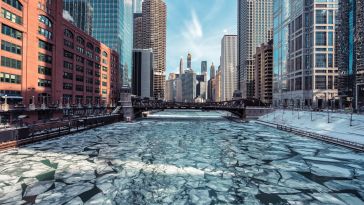 Frozen pieces of ice in the Chicago River.