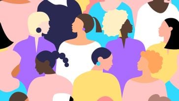 Minimalist art of rows of women looking in different directions. The women have a variety of different skin colors and hairstyles.