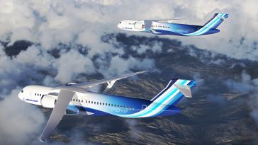 An artistic concept of the Boeing Transonic Truss-Braced Wing aircraft flying in the sky.
