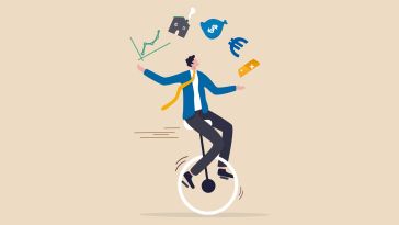 A person on a unicycle juggles a collection of business-related icons including a graph and a euro symbol