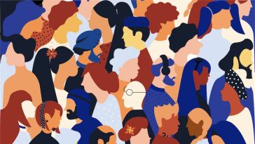 An illustration shows a crowd of diverse people