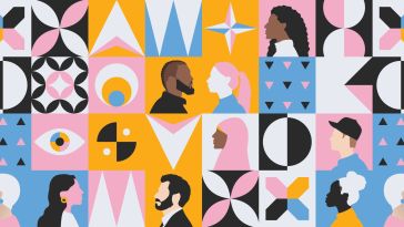A pattern of small squares highlight diverse faces in profile and a variety of abstract symbols
