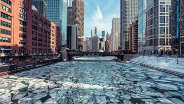 Chicago river and skyline during the winter. 