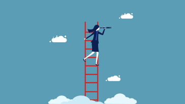 Businesswoman climbing ladder into the clouds wielding looking glass