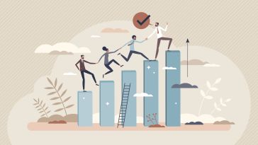 Illustration of a worker leading colleagues up a series of vertical bars