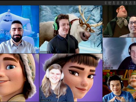  10Pearls team members posing against Frozen-themed backgrounds on Zoom